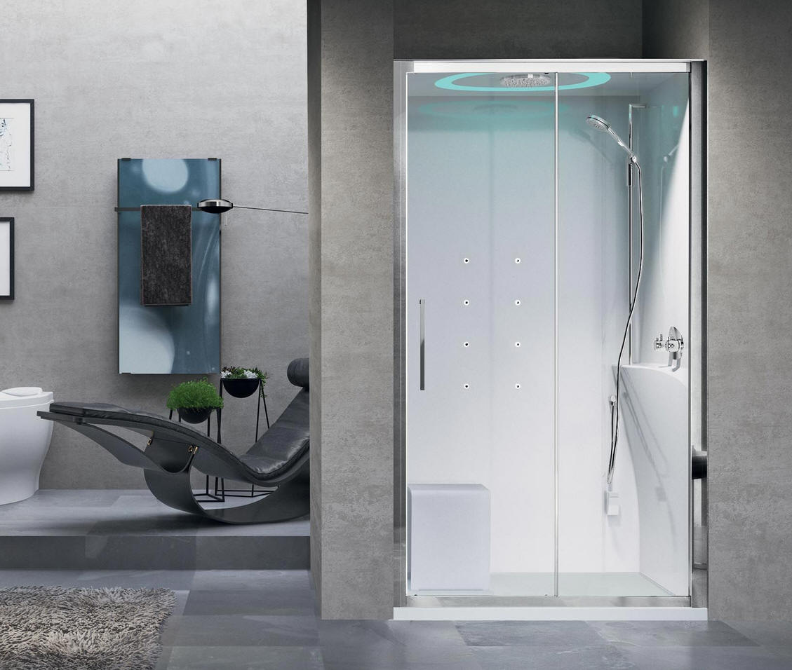 Novellini EON 2P alcove shower pod with sliding door. leak